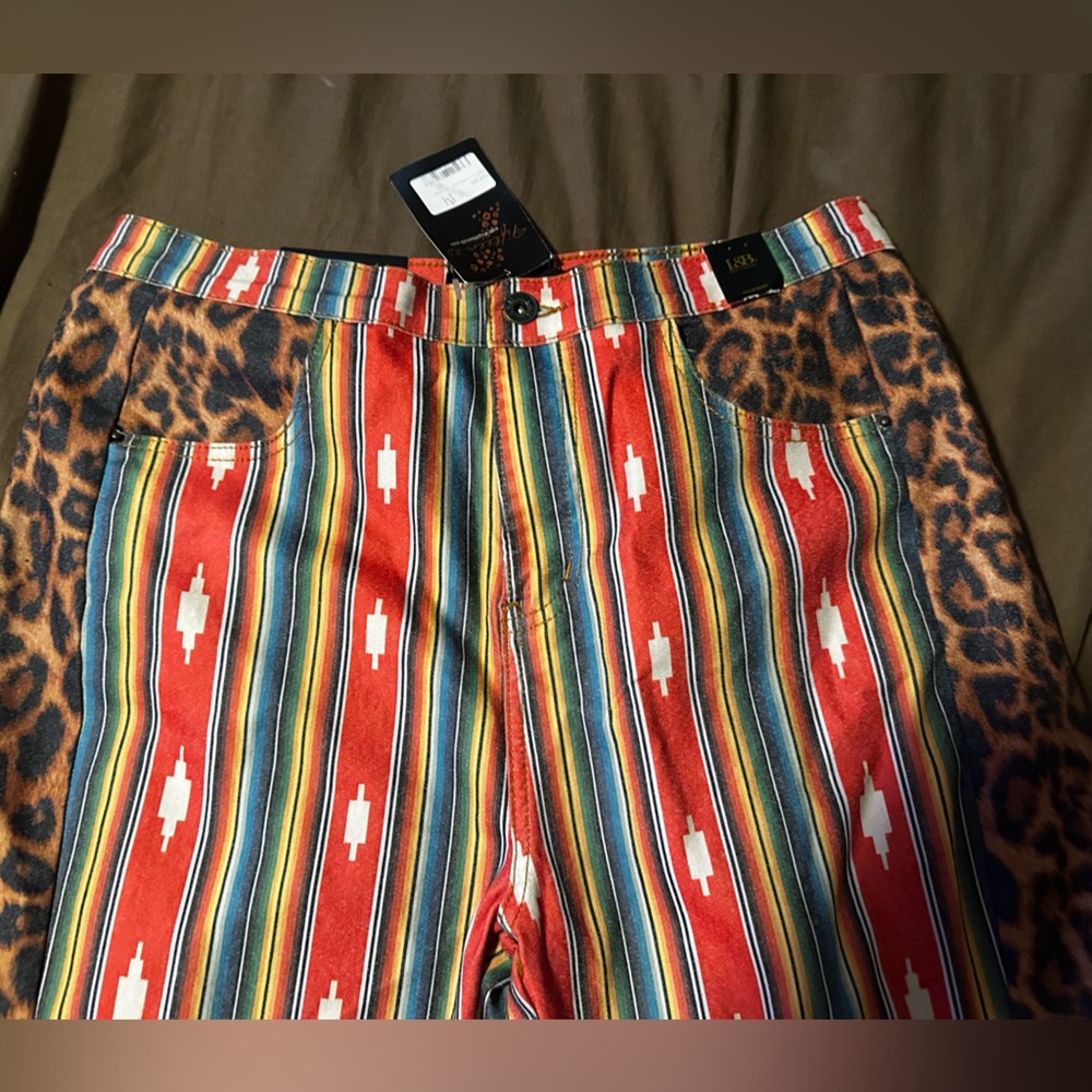 NWT Lucky & Blessed Multicolor Striped Flare Jeans with Leopard Trim - Picture 2 of 6